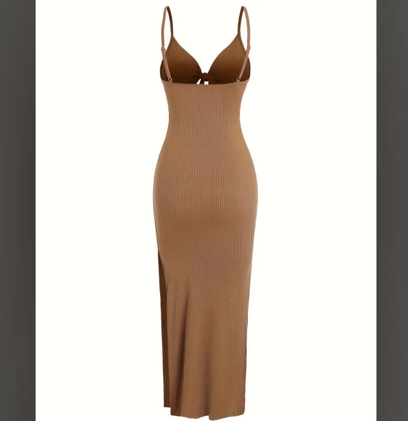 Europe and America knit simple sleeveless suspender dress in spring and summer, leaking back and sexy long skirt with neck. - 3KDyn